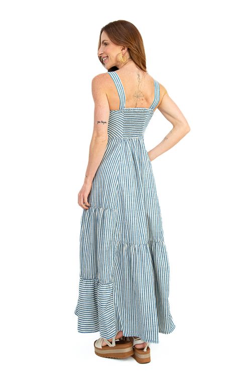 Vestido longo listrado elegance azul.